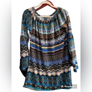 Win Win Women's Size L-XL Aztec Tunic Multi Color Bell Sleeves Southwestern Boho